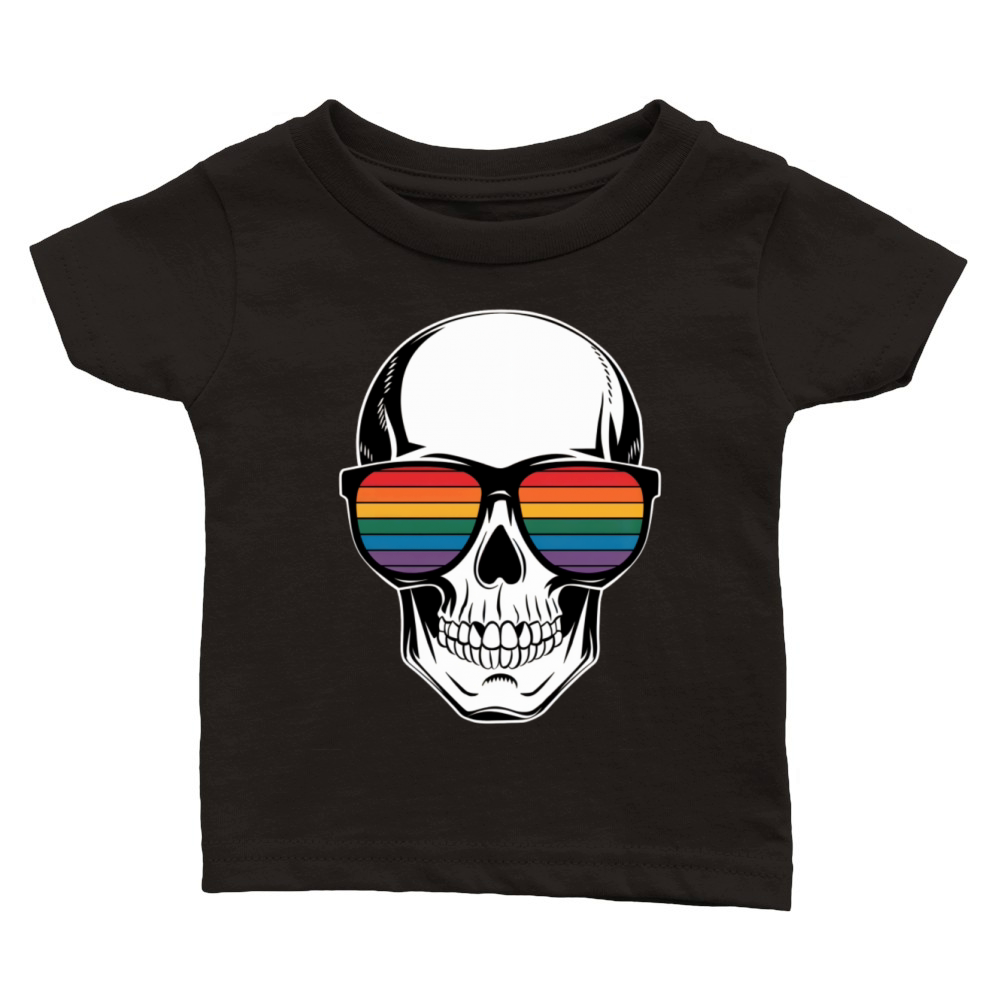 Gay Pride LGBTQ Halloween Skull Rainbow Sunglasses Classic Baby Crewneck T-shirt