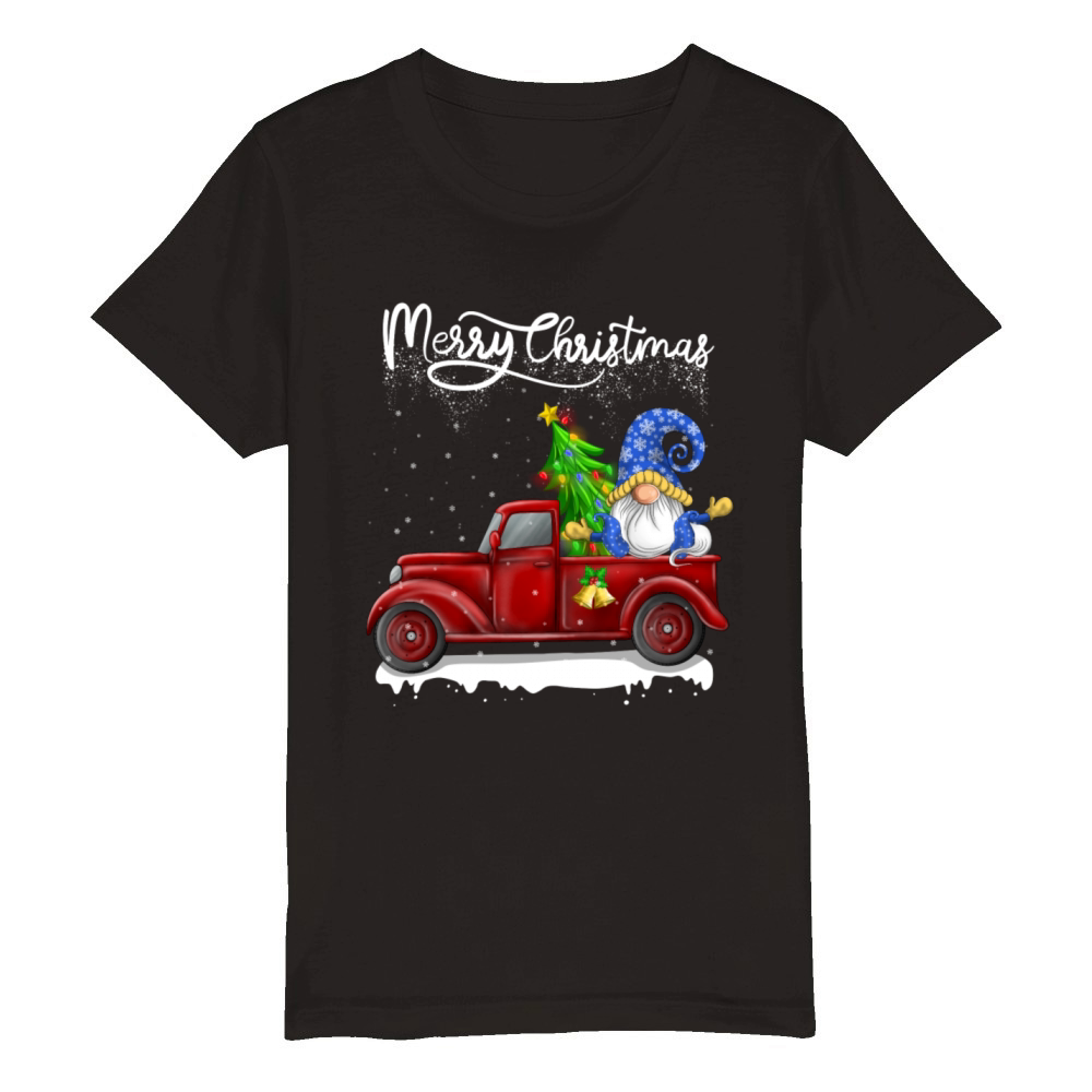 Merry Christmas Vintage Red Truck Gnome Organic Kids Crewneck T-shirt