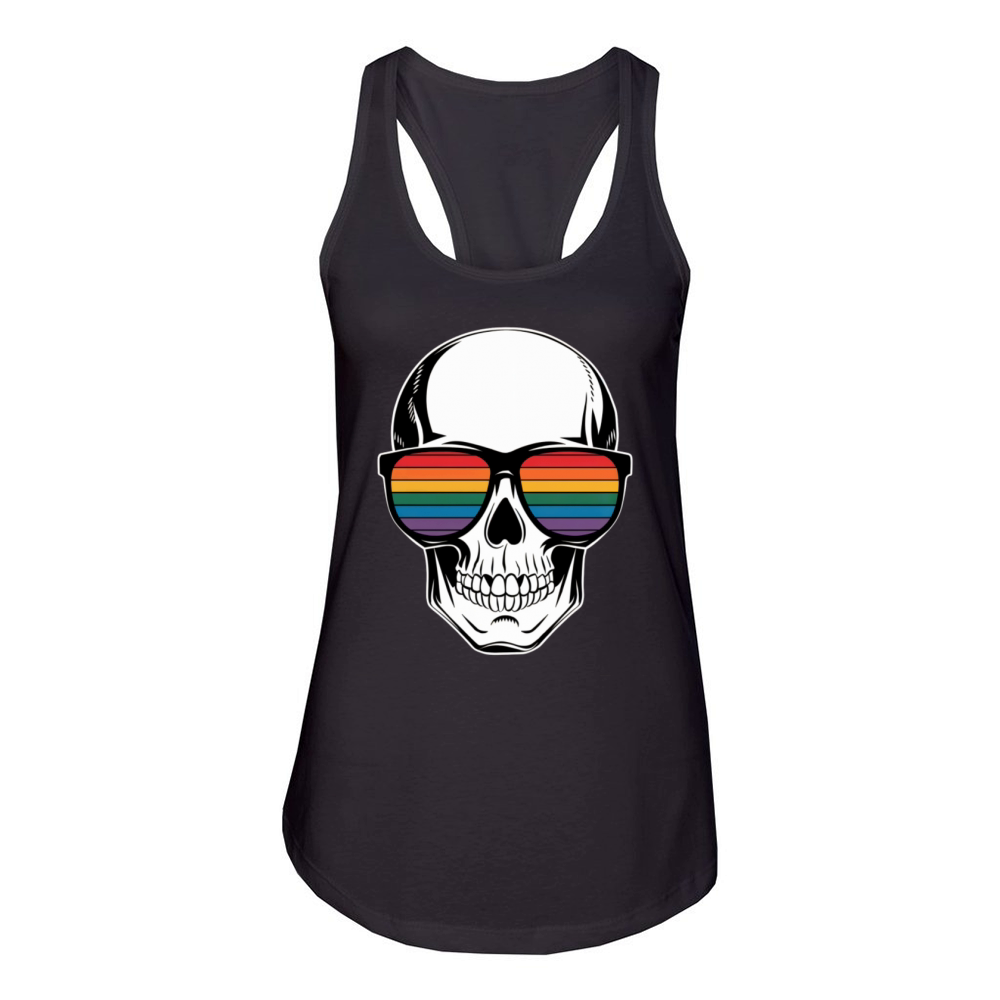 Gay Pride LGBTQ Halloween Skull Rainbow Sunglasses Women's Racerback Tank
