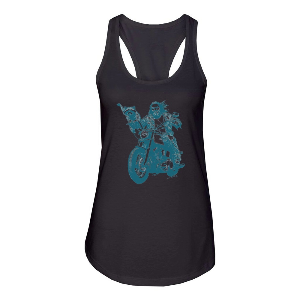 Raccoon Jesus Riding Motorcycle Funny Raccoon Women's Racerback Tank