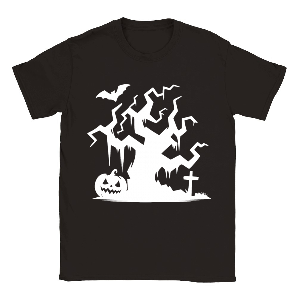 Halloween Haunted Tree With Pumpkin And Bat Classic Kids Crewneck T-shirt