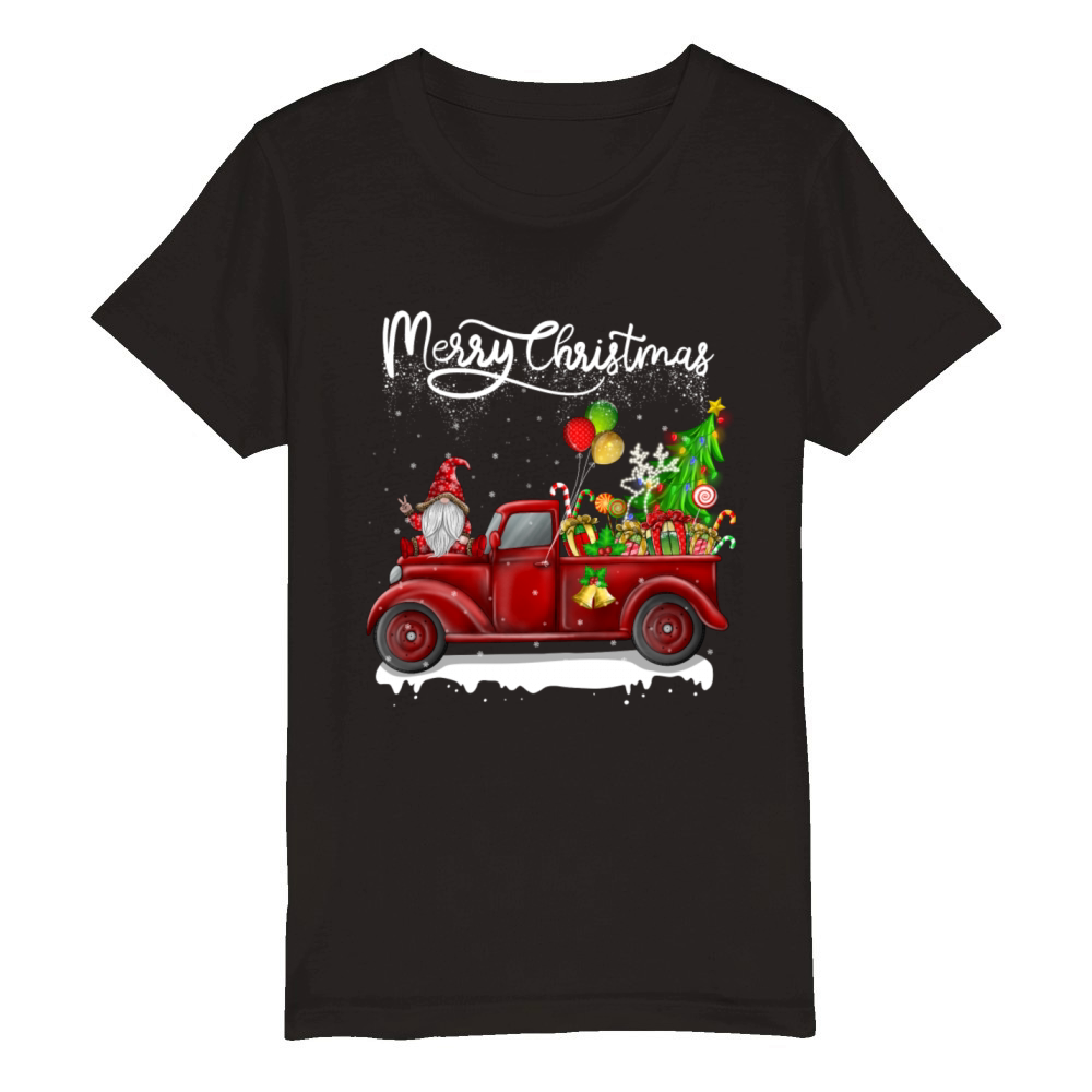 Merry Christmas Vintage Red Truck Gnome Organic Kids Crewneck T-shirt