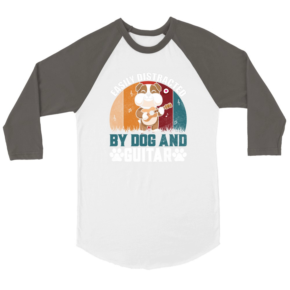 Retro Vintage Easily Distracted By guitar And Dogs Unisex ¾ sleeve Raglan T-shirt
