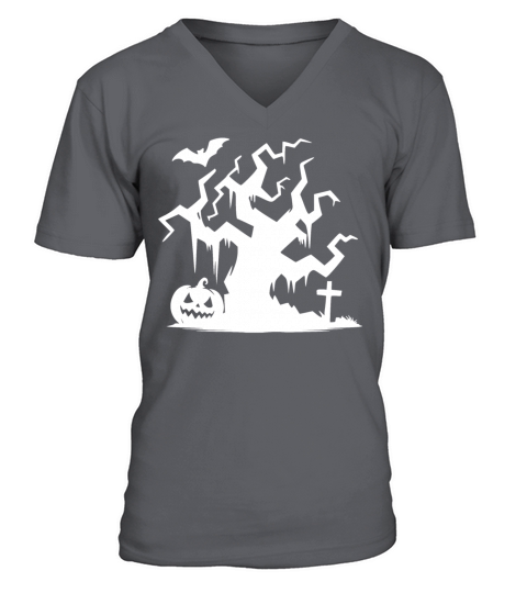 Halloween Haunted Tree With Pumpkin And Bat V-Neck T-shirt
