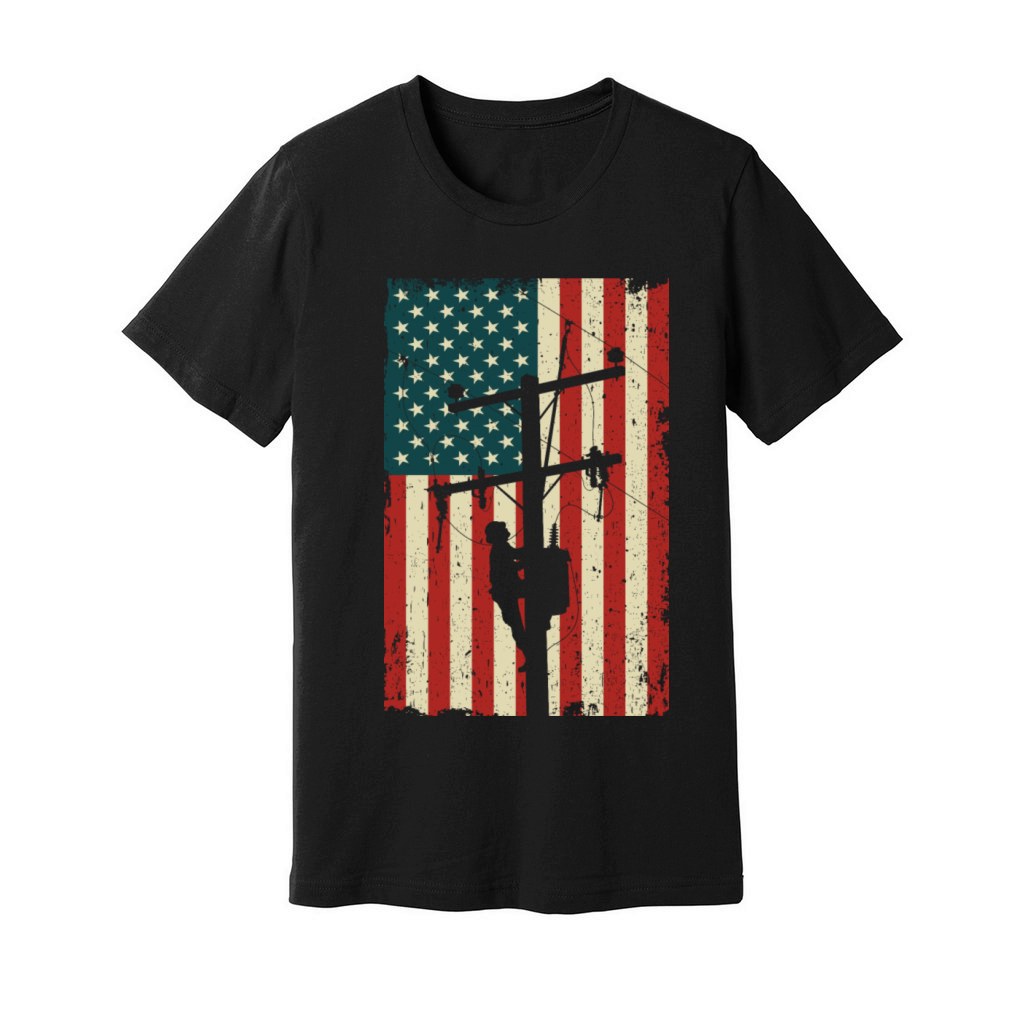 Lineman American Flag v Patriotic Electrician Gift Unisex Jersey Tee