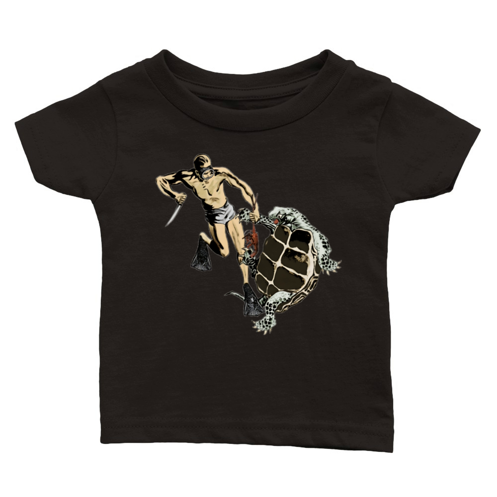 Freediving Diver Fighting a Turtle for a Lobster Classic Baby Crewneck T-shirt