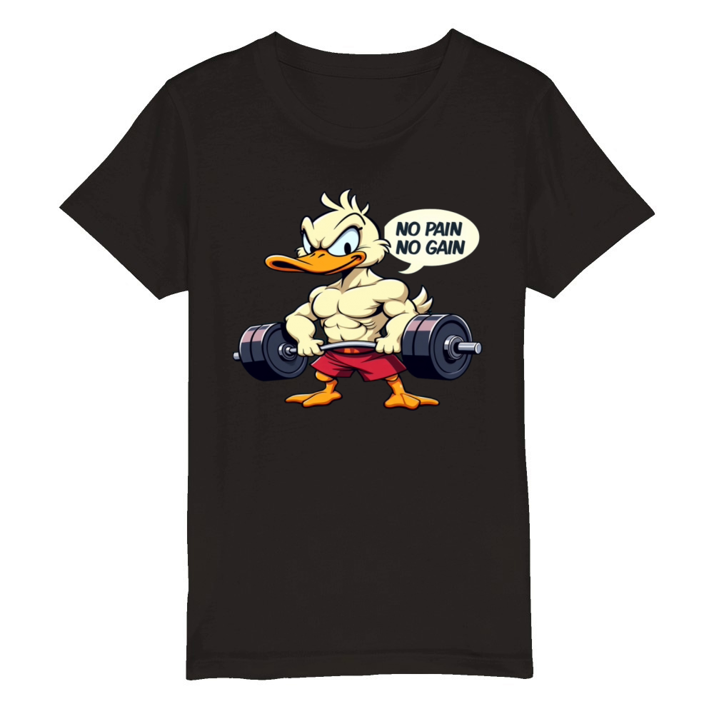 Buff Duck No Pain No Gain Gym Workout Cartoon Organic Kids Crewneck T-shirt