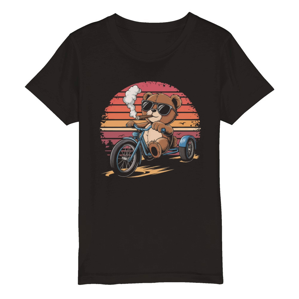 Teddy bear with sunglasses on tricycle with cigar Organic Kids Crewneck T-shirt