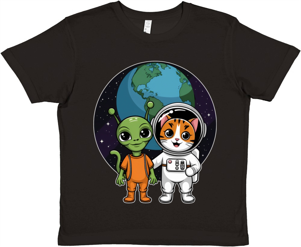 Alien And Cat Funny Cat Selfie With Ufos Kawaii Premium Kids Crewneck T-shirt
