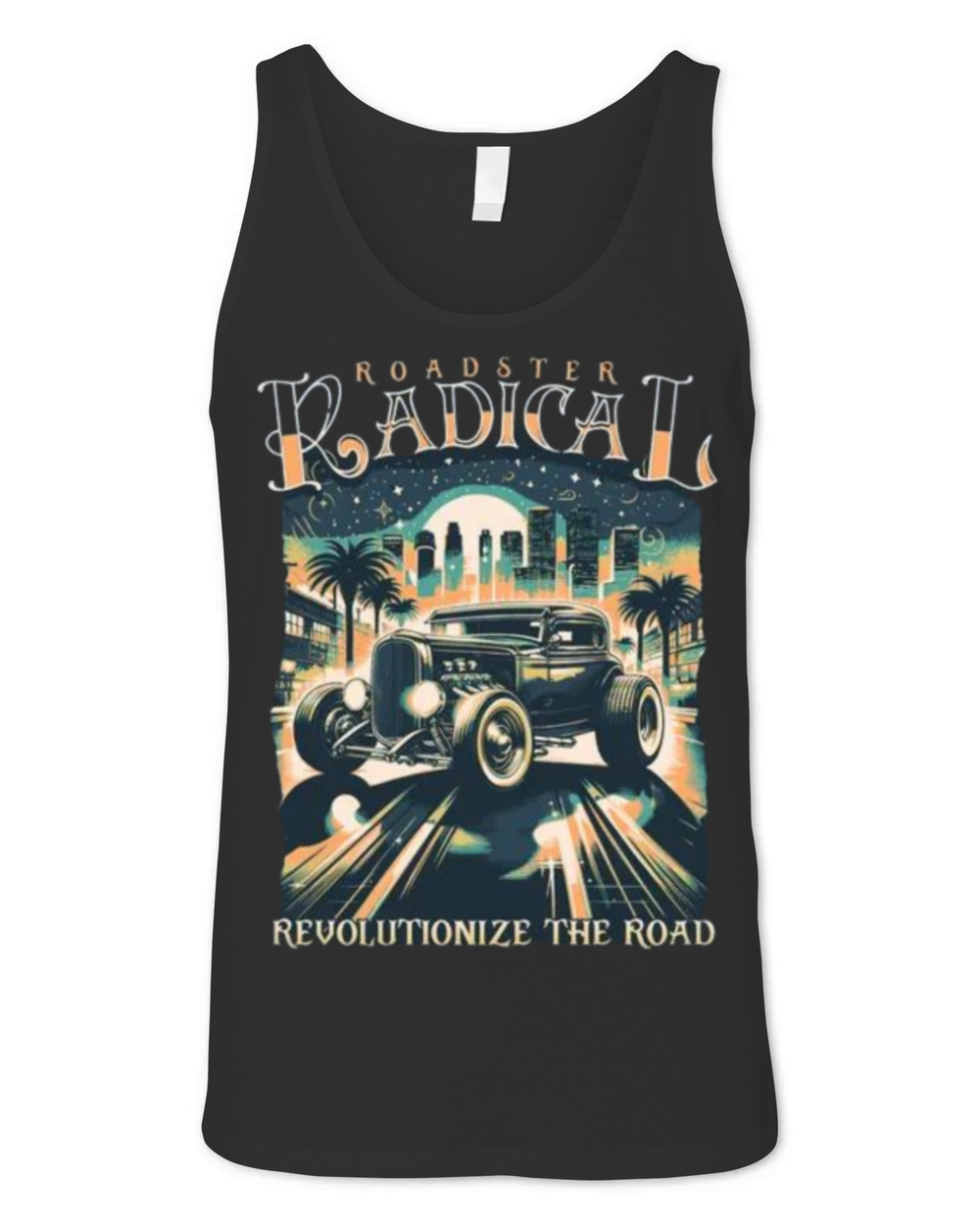 A vintage car driving towards the viewer on a road Unisex Jersey Tank