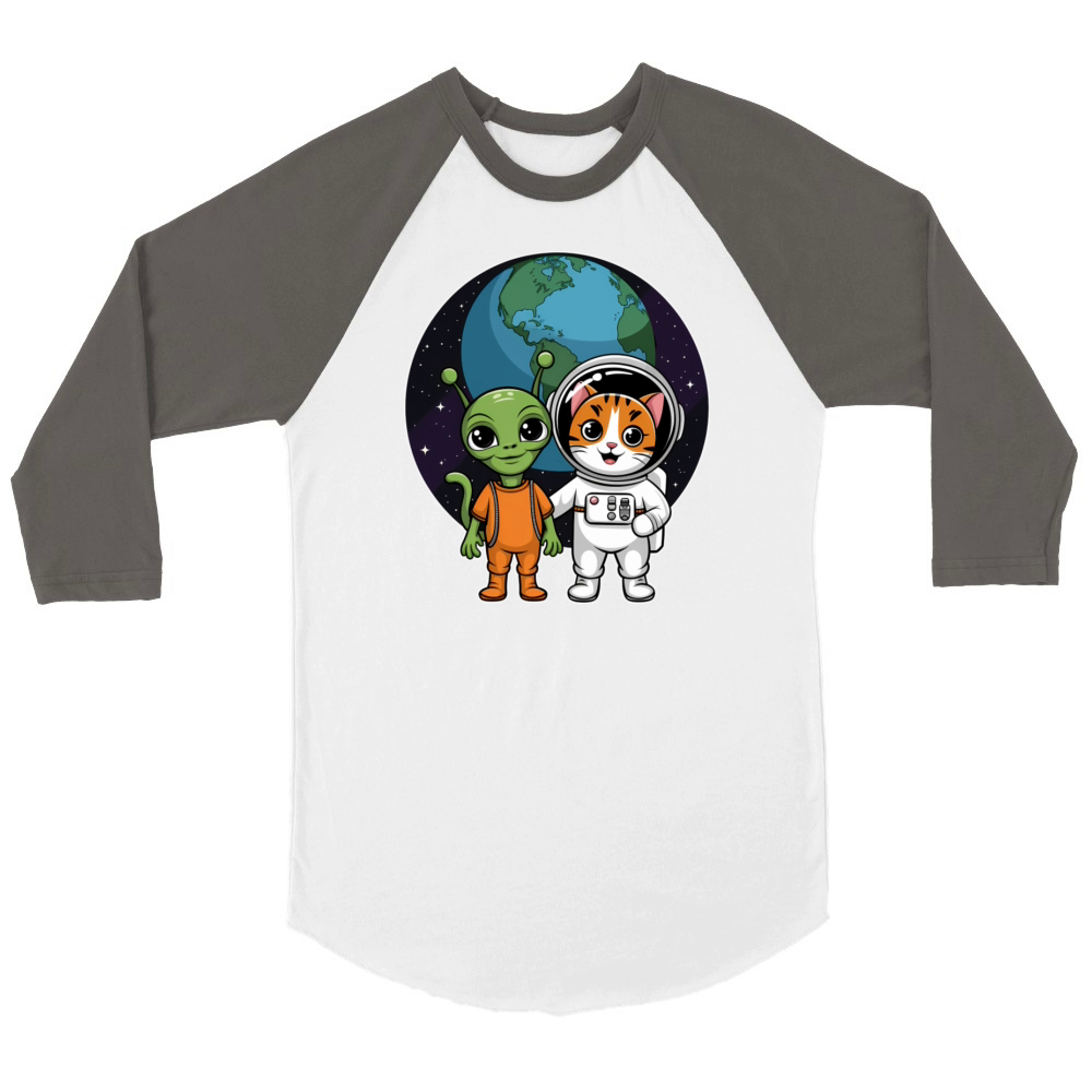 Alien And Cat Funny Cat Selfie With Ufos Kawaii Unisex ¾ sleeve Raglan T-shirt