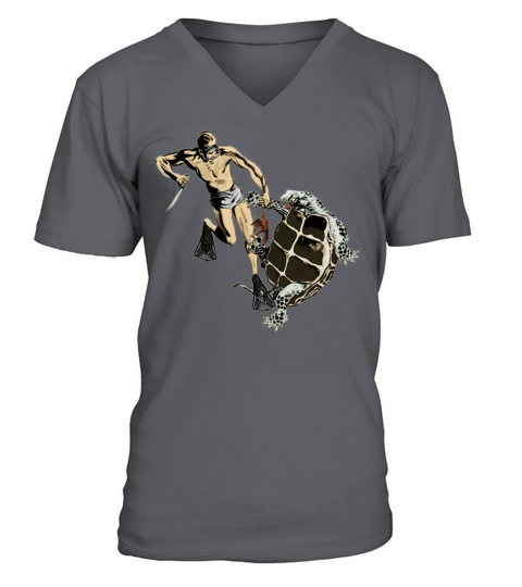 Freediving Diver Fighting a Turtle for a Lobster V-Neck T-shirt