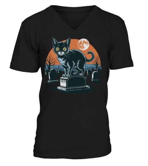 Halloween Black Cat In Cemetery Full Moon V-Neck T-shirt