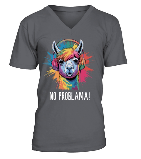 No Problama Llama Music Teens Rainbow Retro Alpaka V-Neck T-shirt