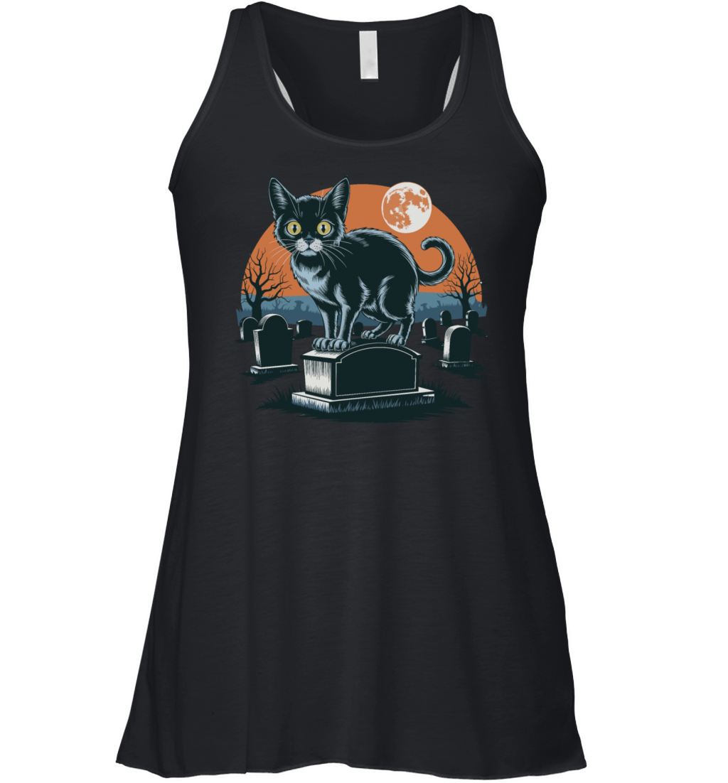 Halloween Black Cat In Cemetery Full Moon Women's Flowy Tank Top