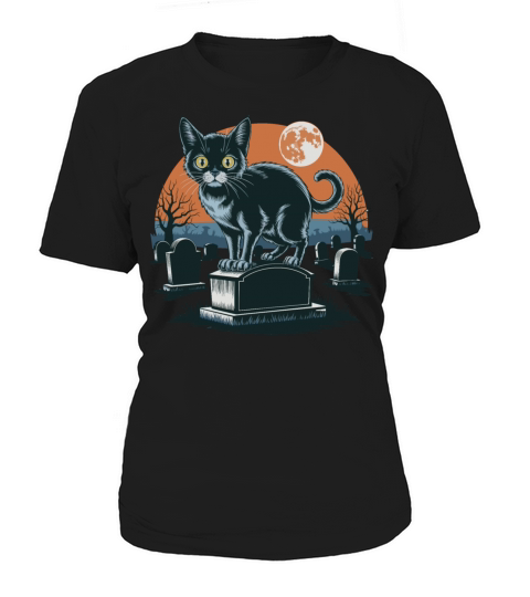 Halloween Black Cat In Cemetery Full Moon Women's T-Shirt