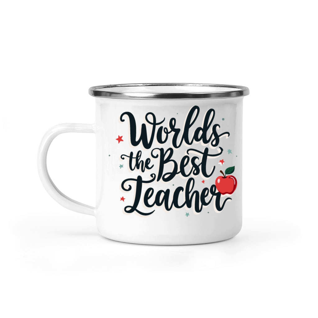 Worlds Best Teacher Hand-Lettered with Stars Camping Mug