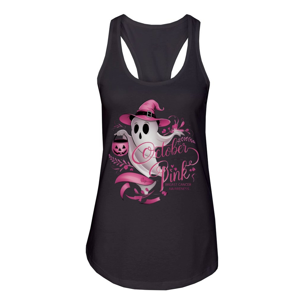 Retro Ghost In October We Wear Pink Breast Cancer Women's Racerback Tank