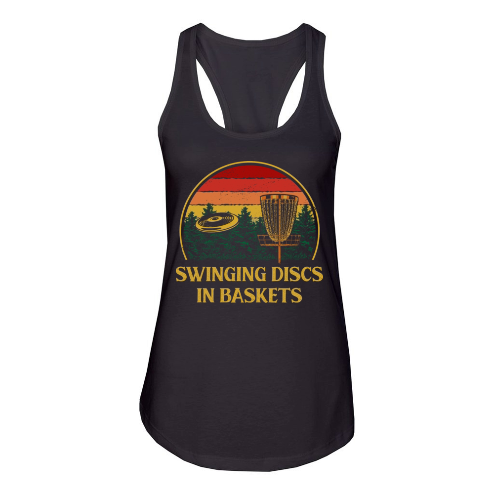 Swinging Discs in Baskets Disc Golf Sayings Golfer Women's Racerback Tank