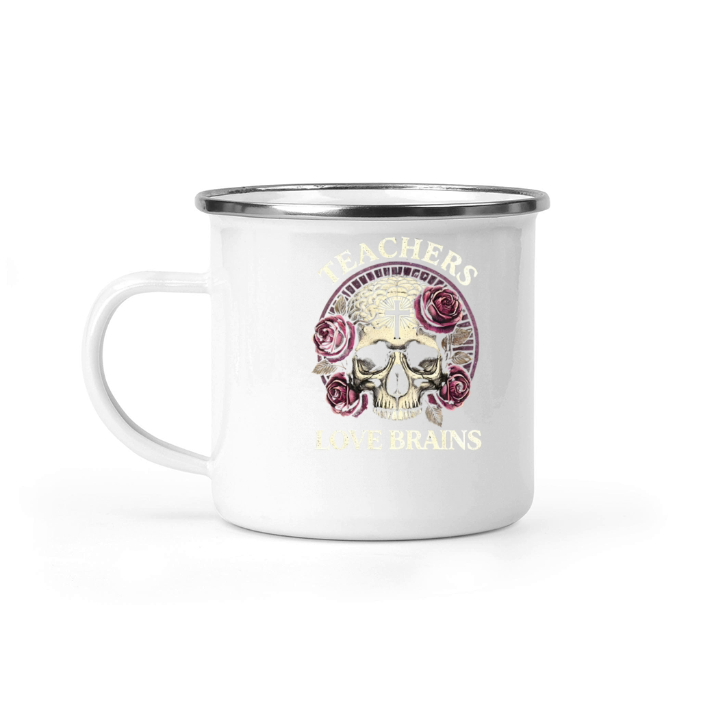 Spooky Teachers Love Brains Skull and Roses Art Camping Mug