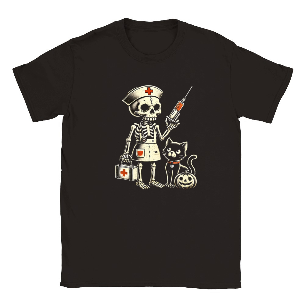 Creepy Nurse Skeleton with Pumpkin and Black Cat Classic Kids Crewneck T-shirt