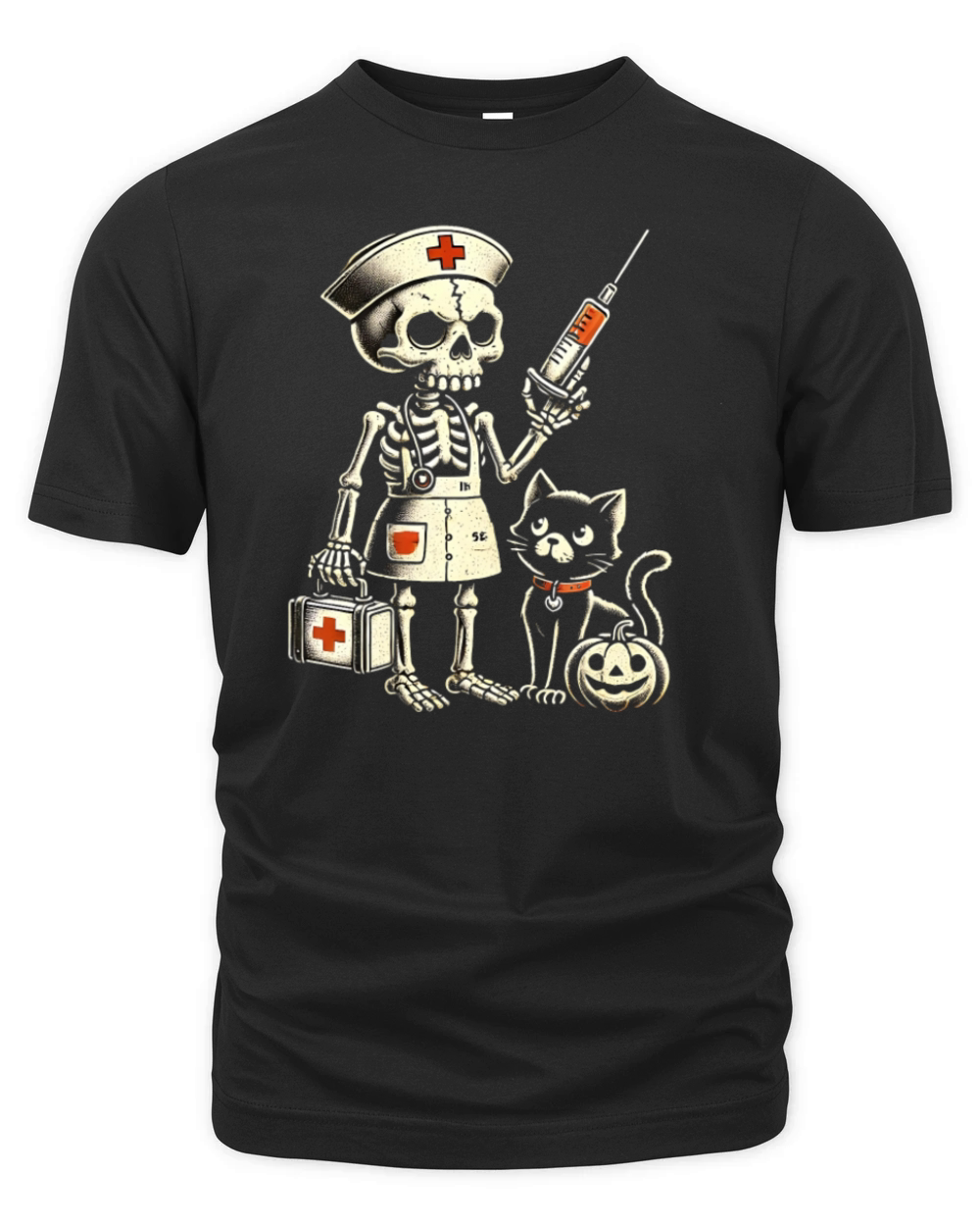 Creepy Nurse Skeleton with Pumpkin and Black Cat Organic Unisex T-shirt