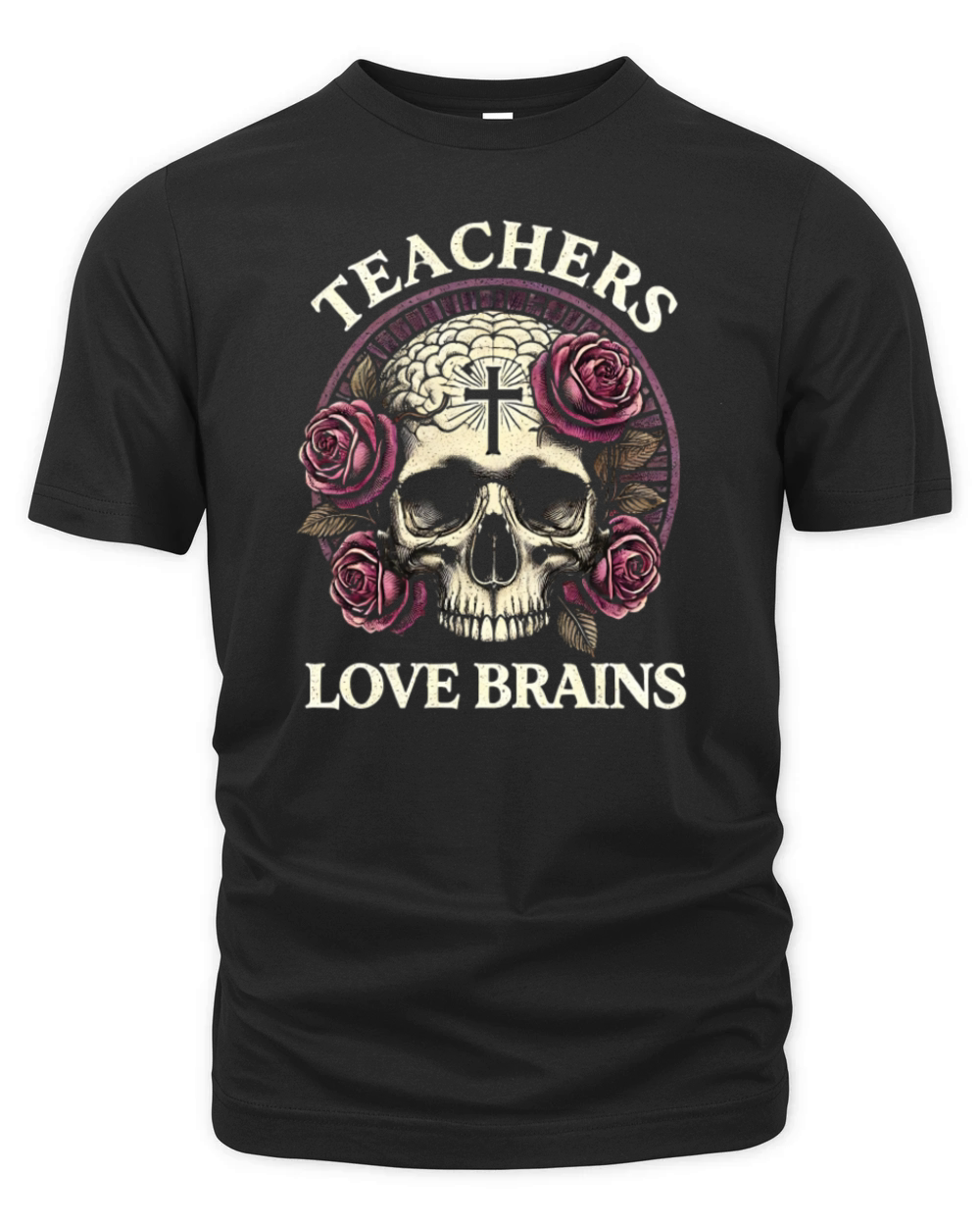 Spooky Teachers Love Brains Skull and Roses Art Organic Unisex T-shirt