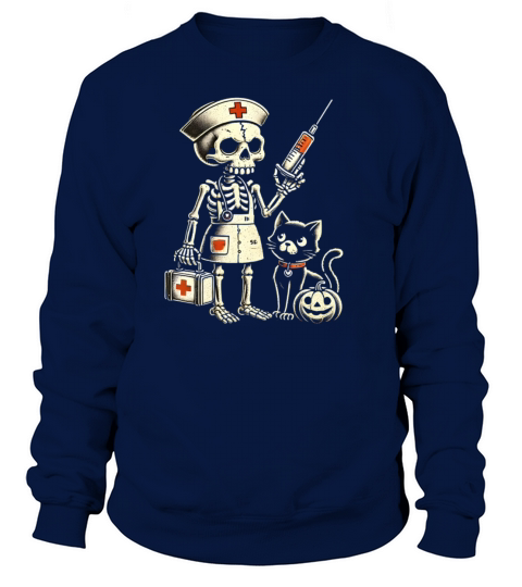 Creepy Nurse Skeleton with Pumpkin and Black Cat Sweatshirt Unisex