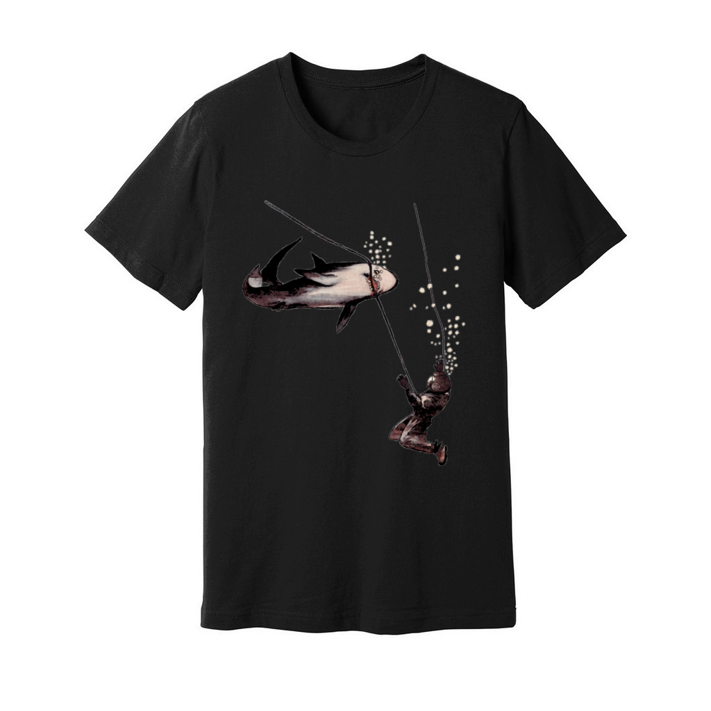 Shark Attack on a Vintage Helmet Diving Diver URM Unisex Jersey Tee