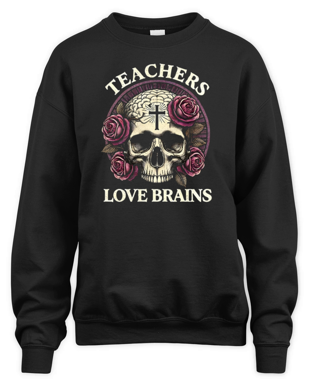 Spooky Teachers Love Brains Skull and Roses Art Unisex Premium Crewneck Sweatshirt