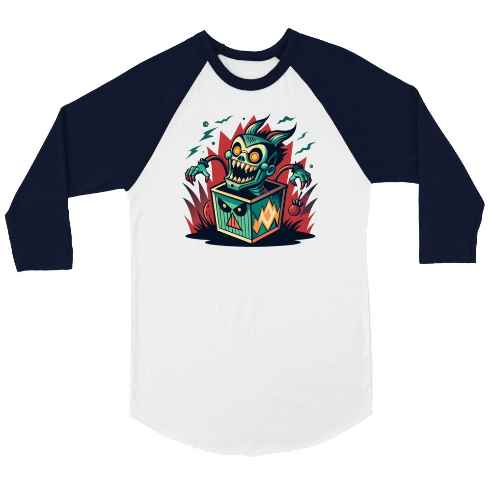 Monster Jack-in-the-Box - Retro Horror Fun Unisex ¾ sleeve Raglan T-shirt