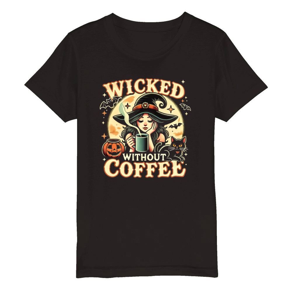 Retro Witch and Black Cat Drinking Coffee Organic Kids Crewneck T-shirt
