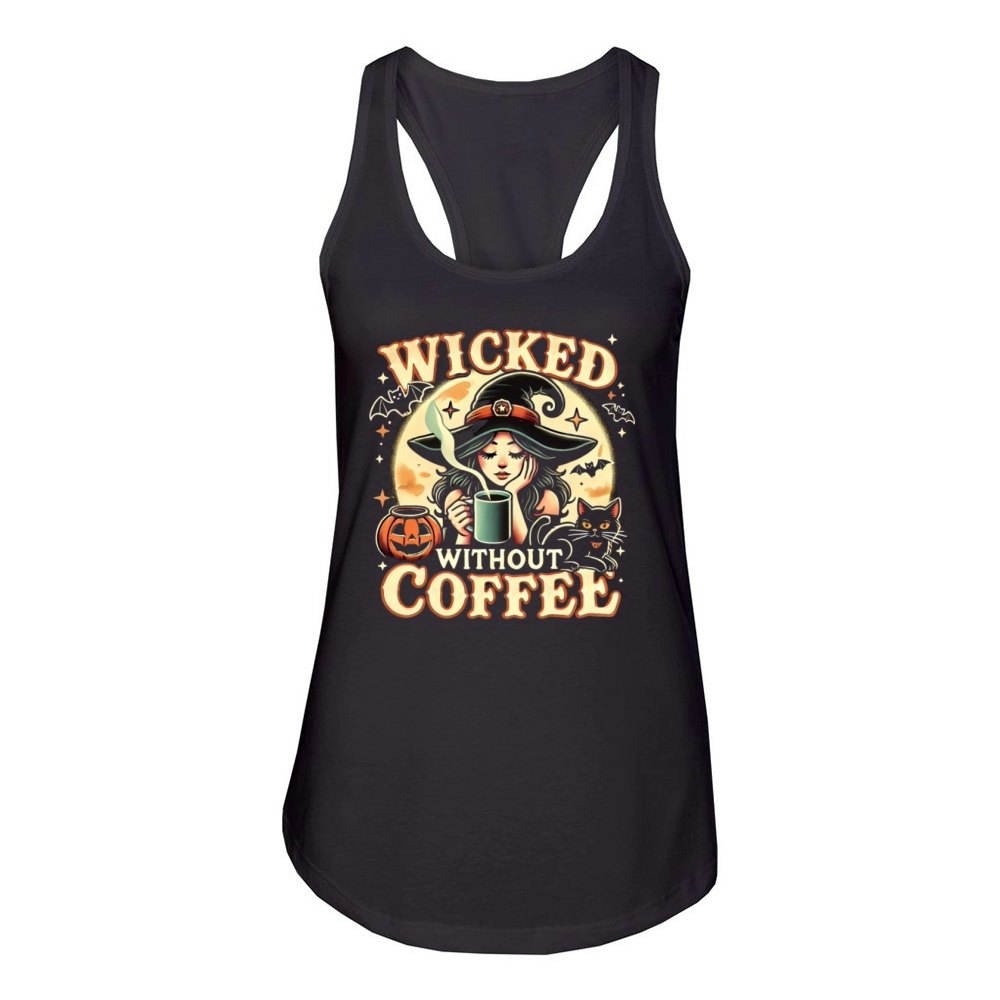 Retro Witch and Black Cat Drinking Coffee Women's Racerback Tank