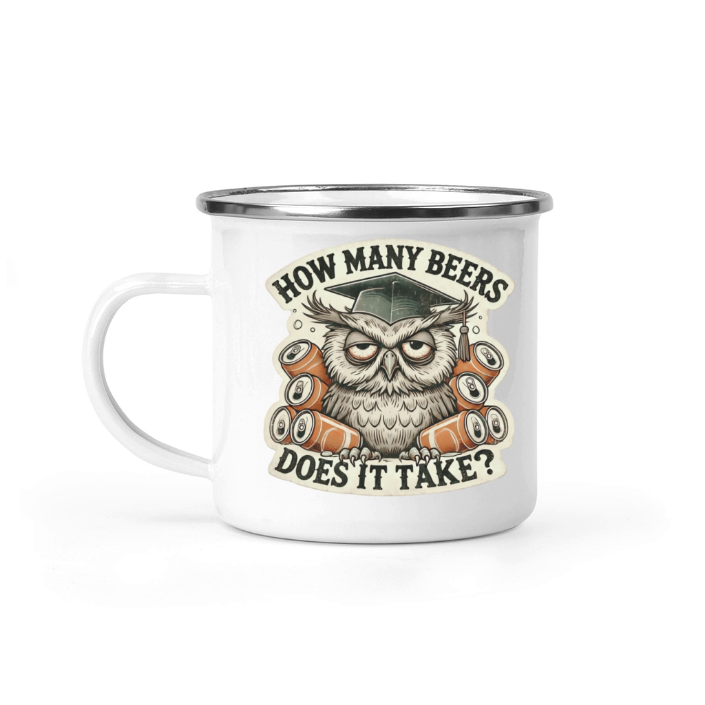 Funny owl retro How Many Beers Does It Take Camping Mug