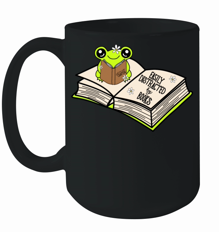 Green Frog Reading "Easily Distracted by Books" Ceramic Mug