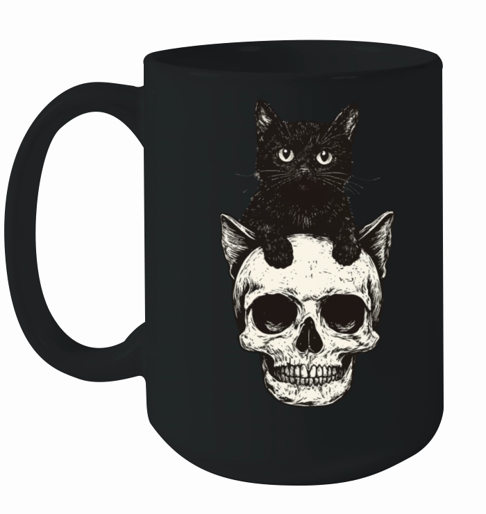 Vintage halloween black Cat And Skull head design Ceramic Mug