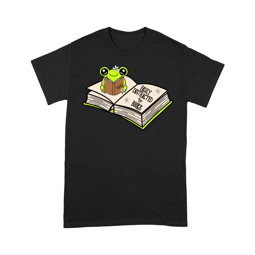 Green Frog Reading "Easily Distracted by Books" Comfort T-shirt