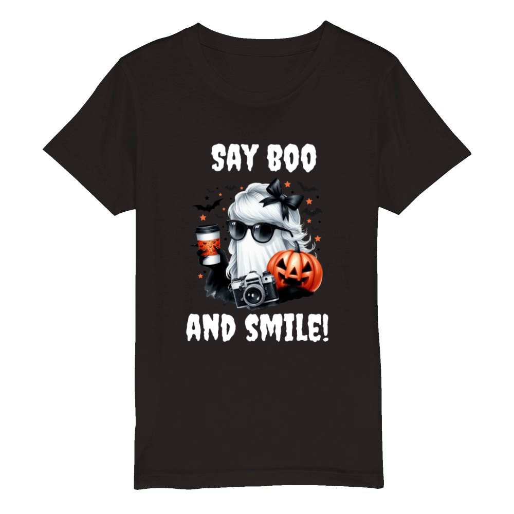 Halloween female photographer Ghost say boo smile Organic Kids Crewneck T-shirt