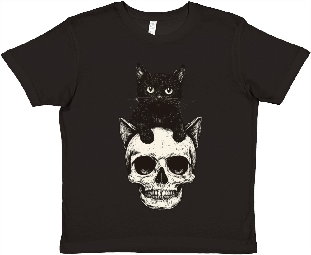 Vintage halloween black Cat And Skull head design Premium Kids Crewneck T-shirt