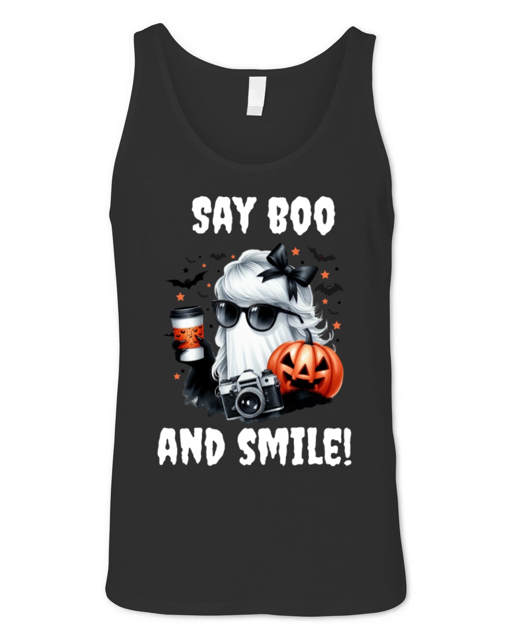 Halloween female photographer Ghost say boo smile Unisex Jersey Tank