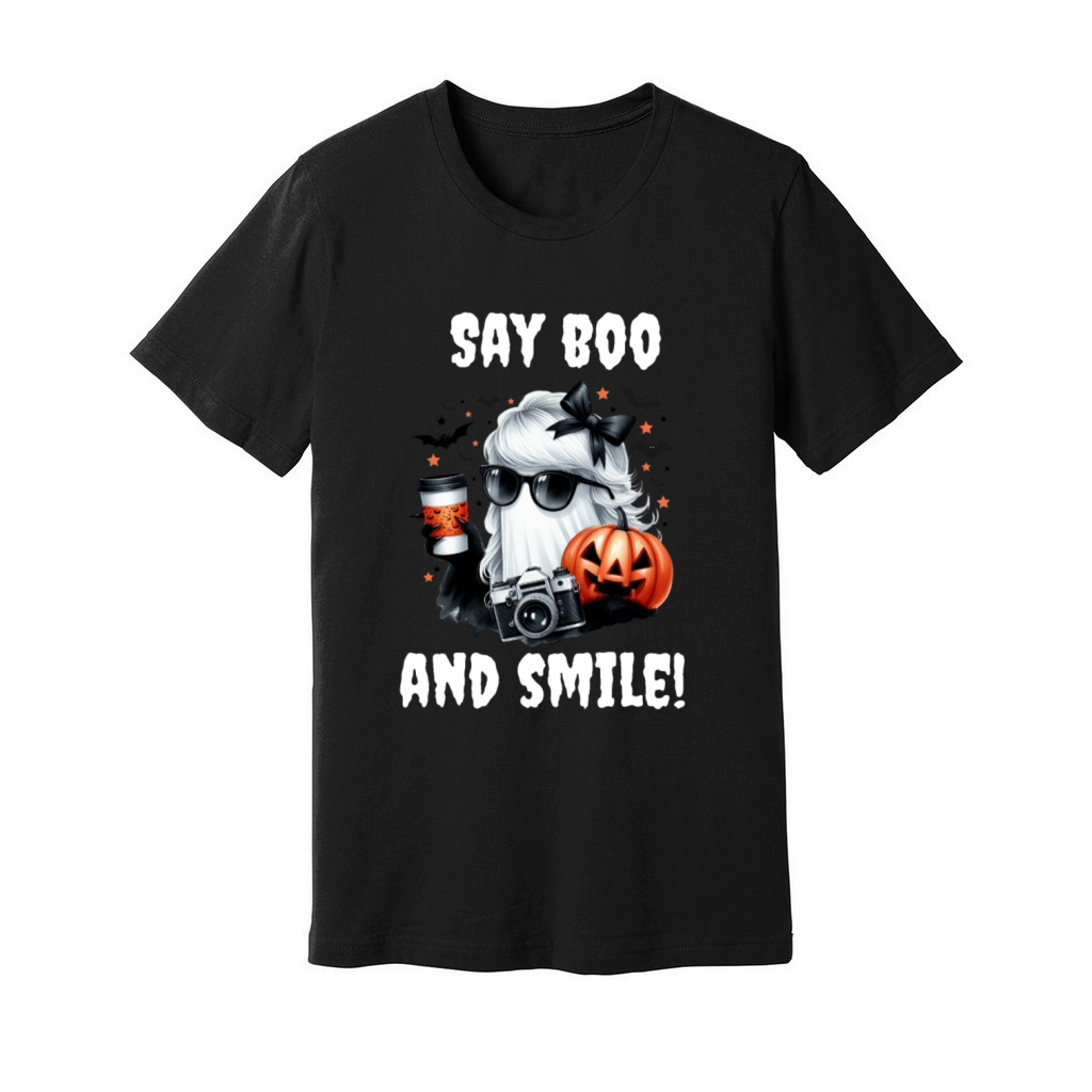 Halloween female photographer Ghost say boo smile Unisex Jersey Tee