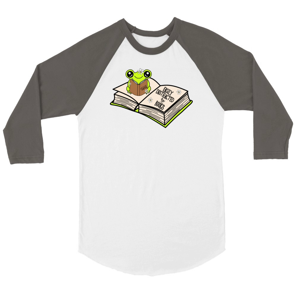 Green Frog Reading "Easily Distracted by Books" Unisex ¾ sleeve Raglan T-shirt