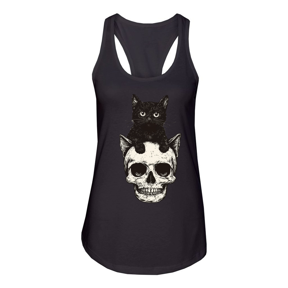 Vintage halloween black Cat And Skull head design Women's Racerback Tank