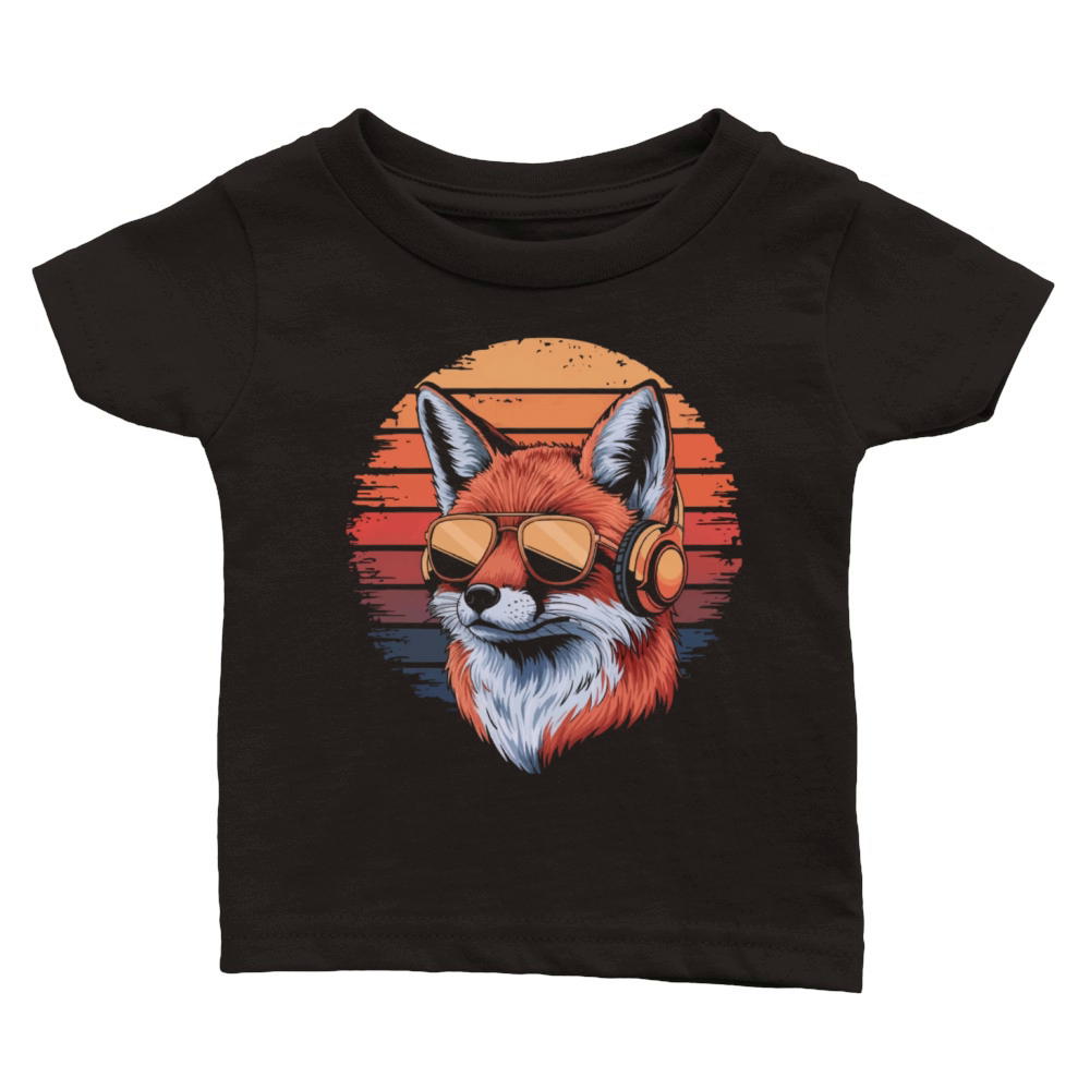 Fox with sunglasses and vintage music headphones Classic Baby Crewneck T-shirt