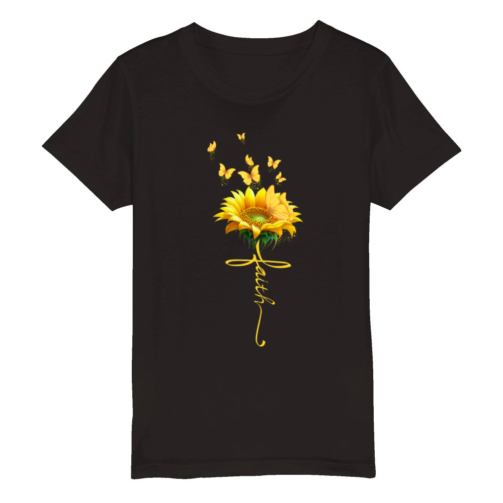 Faith Cross Sunflower Butterflies Flowers Organic Kids Crewneck T-shirt