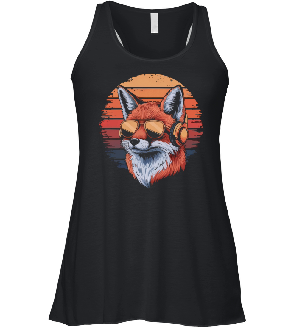 Fox with sunglasses and vintage music headphones Women's Flowy Tank Top