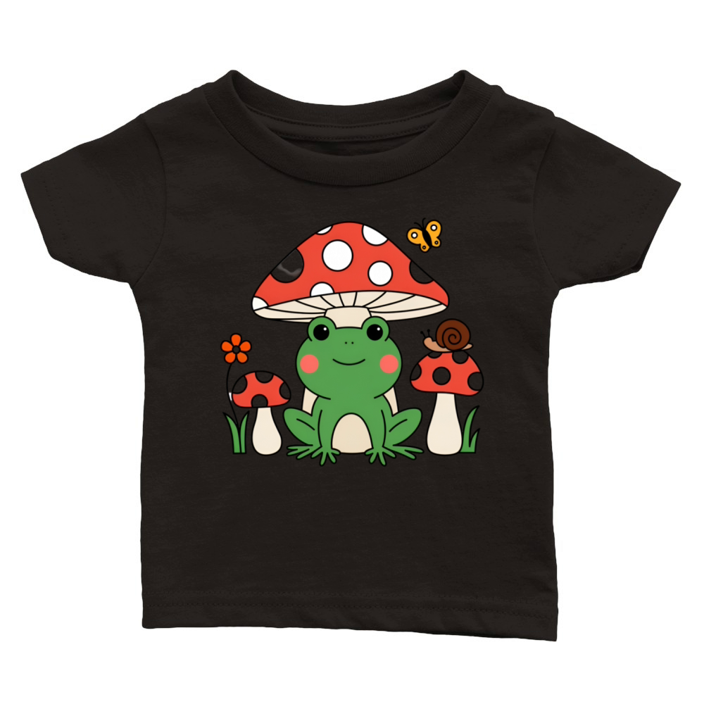 Trendy vintage Cute Happy Green Frog and Mushrooms Classic Baby Crewneck T-shirt