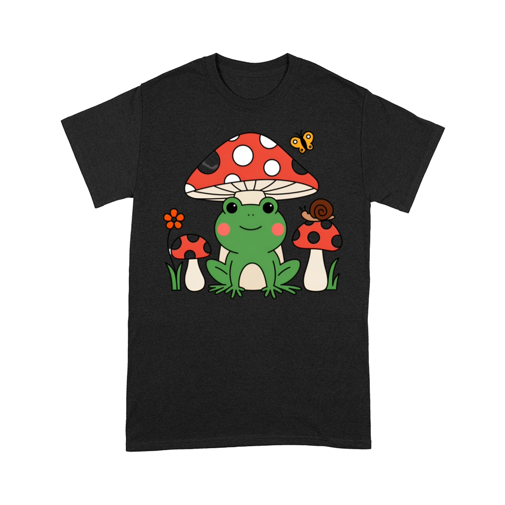 Trendy vintage Cute Happy Green Frog and Mushrooms Comfort T-shirt