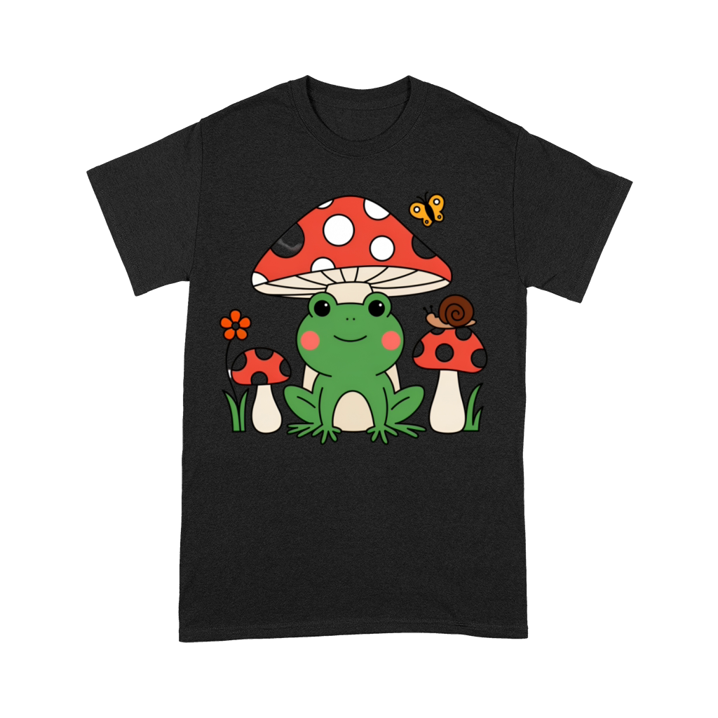Trendy vintage Cute Happy Green Frog and Mushrooms Premium T-shirt
