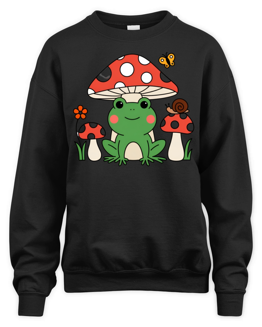 Trendy vintage Cute Happy Green Frog and Mushrooms Unisex Premium Crewneck Sweatshirt